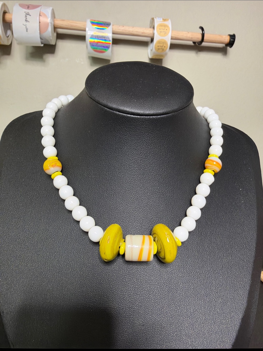 Handcrafted Vintage White Milk Glass Yellow Beaded Choker Statement Necklace